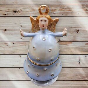 Vintage Ceramic Angel Trinket Box With Gold Accents & Rhinestones